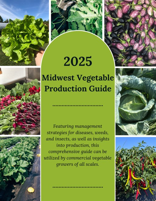 Cover of the guide “2025 Midwest vegetable production guide” Next to and under the title in various boxes are beautiful vegetable crops.