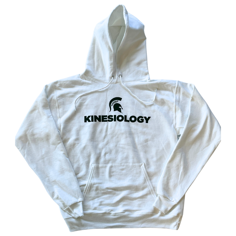 White hooded sweatshirt with green text that reads "Kinesiology" with a green Spartan helmet above the text. Sweatshirt has a large pocket on the front and draw strings on the hood.