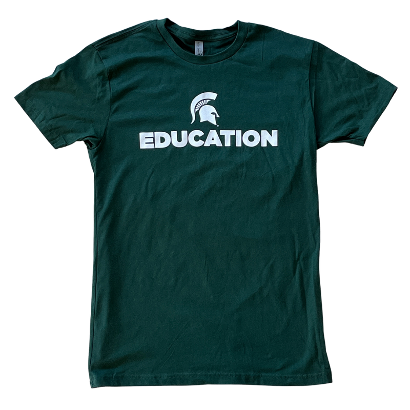 Forest green unisex short-sleeve crewneck t-shirt with a white Spartan helmet over text reading education in all caps.