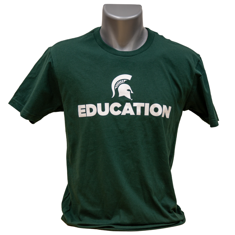 Forest green unisex short-sleeve crewneck t-shirt with a white Spartan helmet over text reading education in all caps.