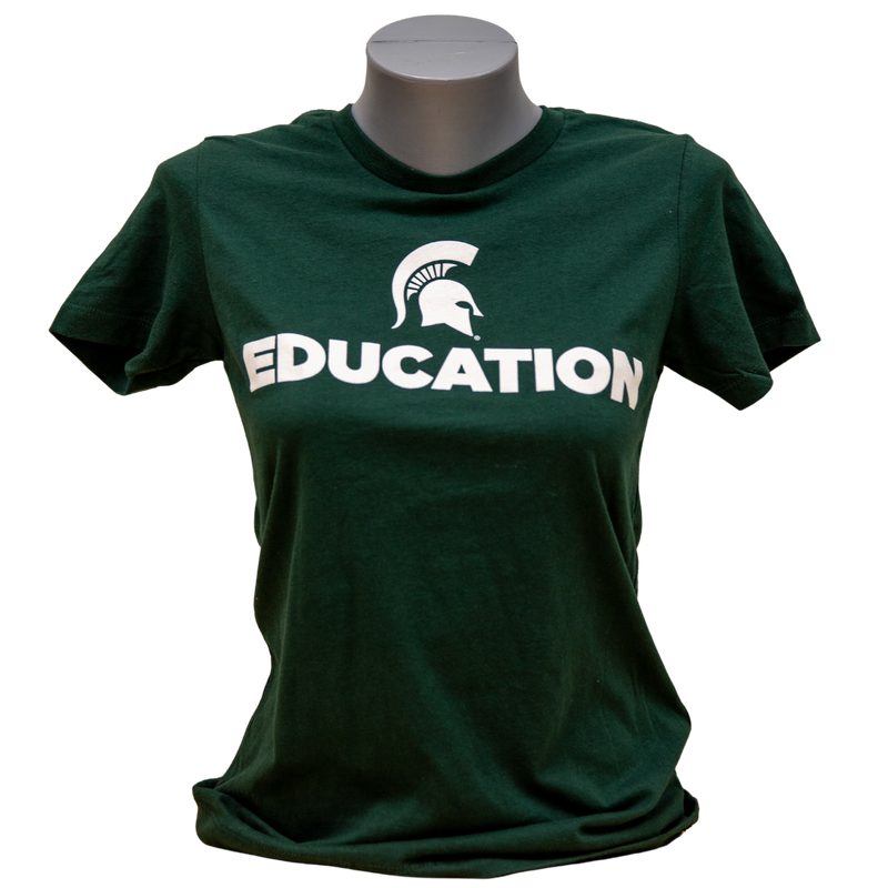 Forest green short-sleeve women's crewneck t-shirt with a white Spartan helmet over text reading education in all caps.