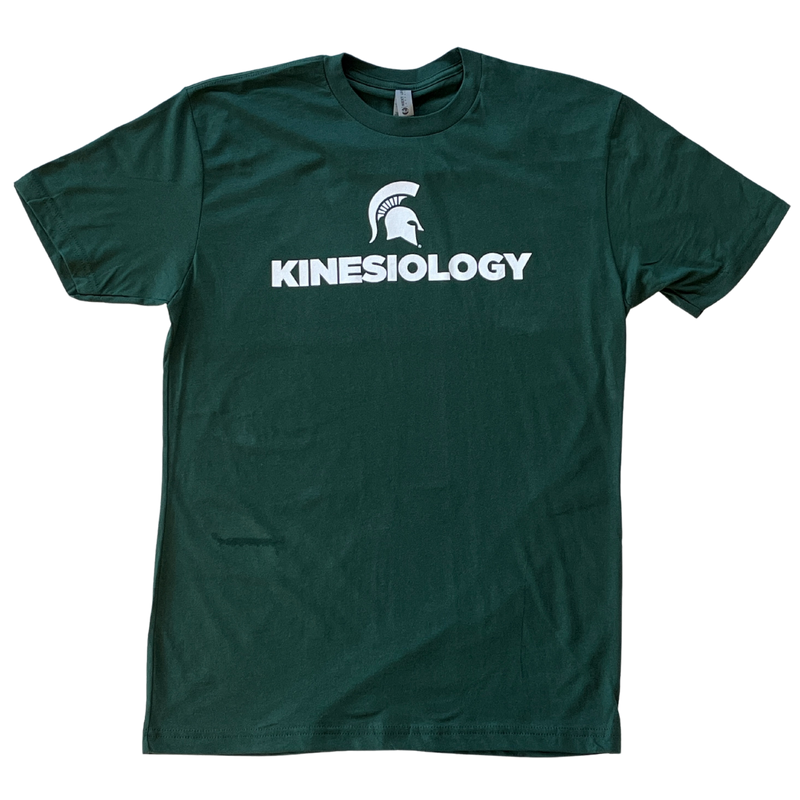 Forest green short-sleeve unisex crewneck t-shirt with a white Spartan helmet over text reading kinesiology in all caps.