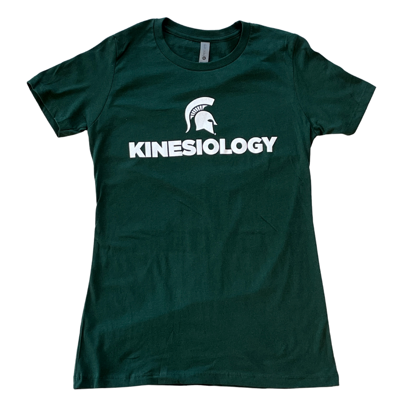 Forest green short-sleeve women's crewneck t-shirt with a white Spartan helmet over text reading kinesiology in all caps.