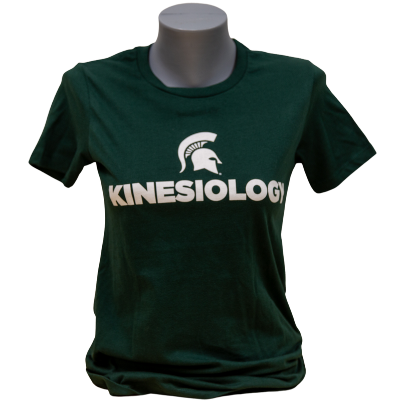 Forest green short-sleeve women's crewneck t-shirt with a white Spartan helmet over text reading kinesiology in all caps.