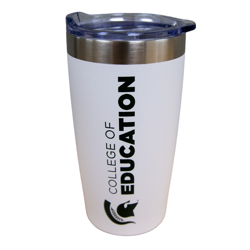 White tumbler with MSU Spartan helmet logo and College of Education wordmark printed vertically in green. The top of the tumbler is silver with a clear plastic sip lid.