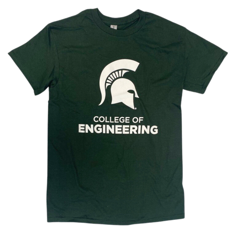 Dark green t-shirt with white Spartan helmet and white block text reading "College of Engineering" printed on center front
