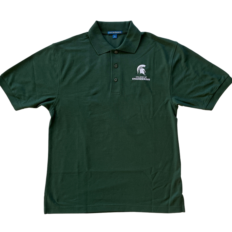Dark green three-button polo shirt with Spartan helmet and block text reading "College of Engineering" embroidered in white on left chest