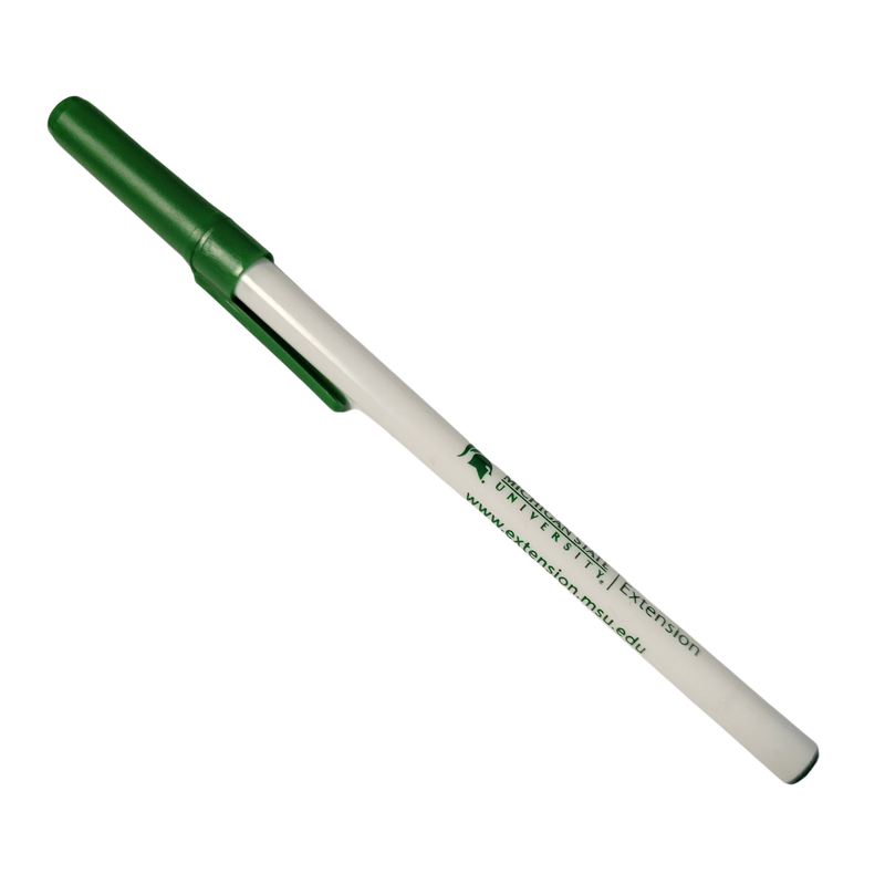 A white, ballpoint pen with a green cap. On the side of the pen is the MSU Extension signature logo. 