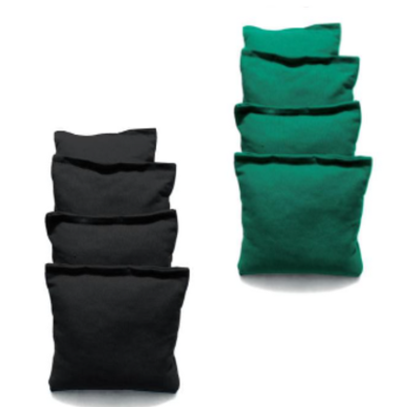 Two side-by-side rows of four cornhole bags. The left row of bags is black and the right row of bags is dark green.