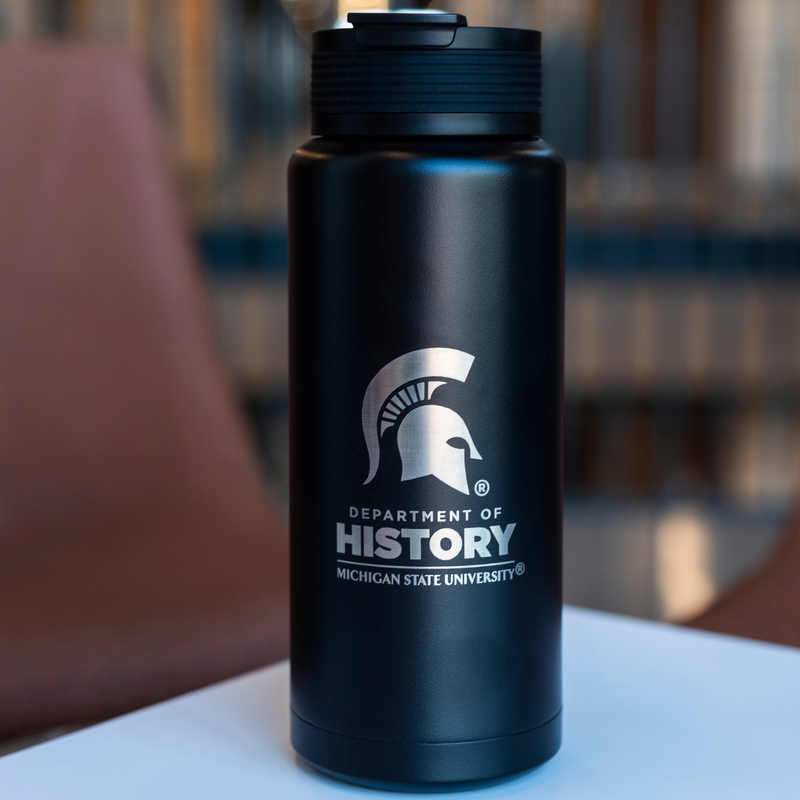 Black 34oz water bottle with a laser-etched design featuring the Department of History logo and Spartan helmet. 