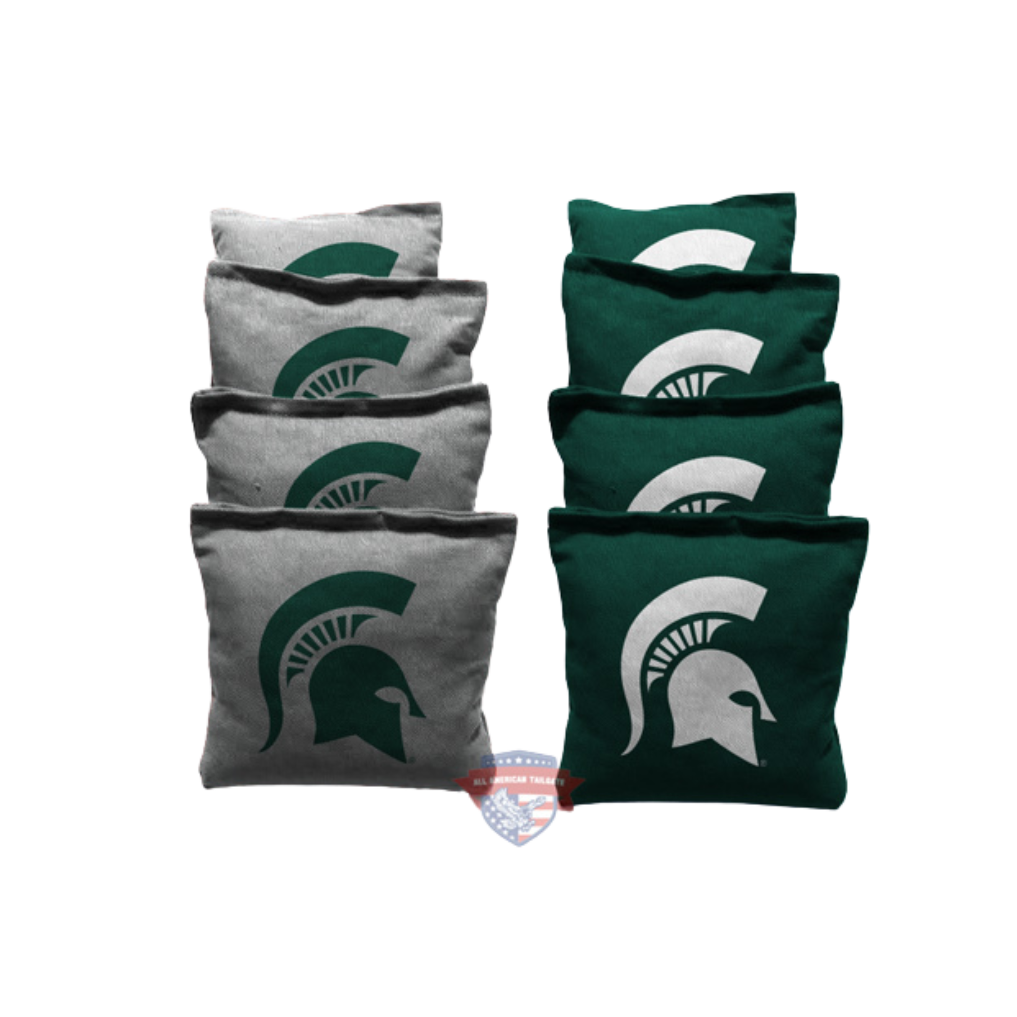 Two side-by-side rows of four cornhole bags. The left row of bags is medium gray with a large dark green Spartan helmet, and the right row includes dark green bags with a large Spartan helmet in white. Between the bottom two bags is a semi-transparent All American Tailgate logo.