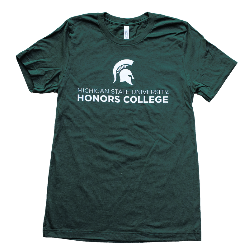 A forest green tee shirt with a white MSU spartan helmet logo. Underneath the logo, in white, is the text "Michigan State University Honors College."