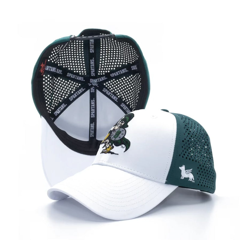 A ball cap with a white face and bill but green sides. On the face of the hat is a graphic of the Michigan State University mascot, Sparty, marching while carrying a sword and shield. To the left of the hat is the same hat being stood horizontally to show the underneath stitching of the hat. 