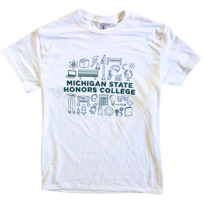 A white t-shirt featuring various forest green icons representing Honors College student interests, studies, and landmarks. The icons include symbols such as a graduation cap, a bench, a globe, a light bulb, theatrical masks, and a tree. The forest green text in the middle of the icons reads: "Michigan State Honors College."