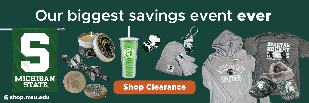 A dark green banner with various shop.msu.edu clearance items. Text on the banner reads "Our biggest savings event ever." An orange "Shop clearance" button is in the bottom center of the banner. 