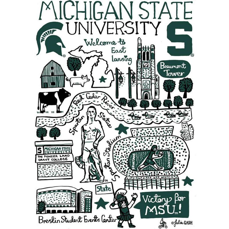 The front cover of a notecard that includes drawings of famous landmarks at Michigan State University.
