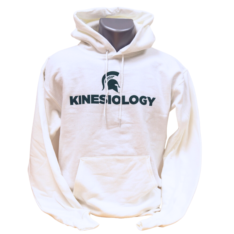 White hooded sweatshirt with green text that reads "Kinesiology" with a green Spartan helmet above the text. Sweatshirt has a large pocket on the front and draw strings on the hood.