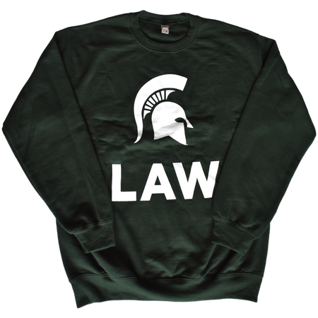 Dark green crewneck sweatshirt with a large White Spartan helmet printed on the center chest above bold letters spelling out "Law" in all caps.