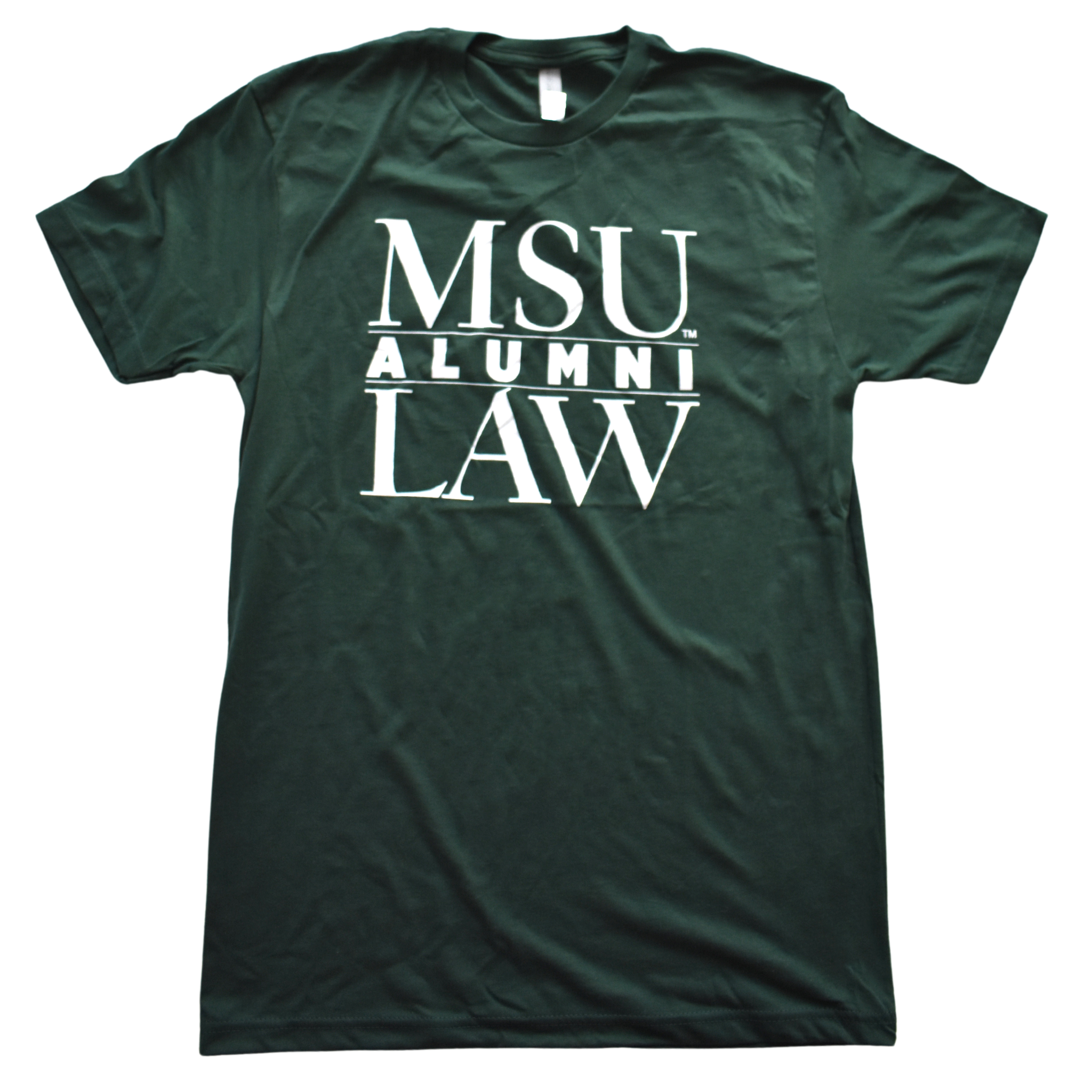 Dark green crewneck t-shirt with a white text graphic on the center chest. The graphic is three lines of text that read MSU Law Alumni, with alumni being in the center separated by two thin white lines.