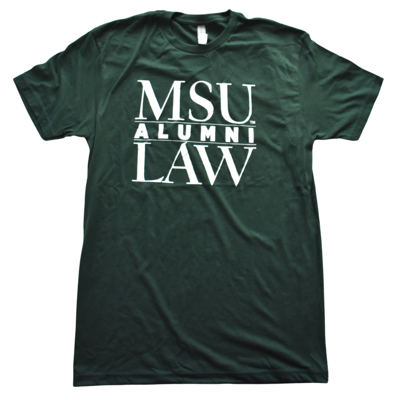Dark green crewneck t-shirt with a white text graphic on the center chest. The graphic is three lines of text that read MSU Law Alumni, with alumni being in the center separated by two thin white lines.