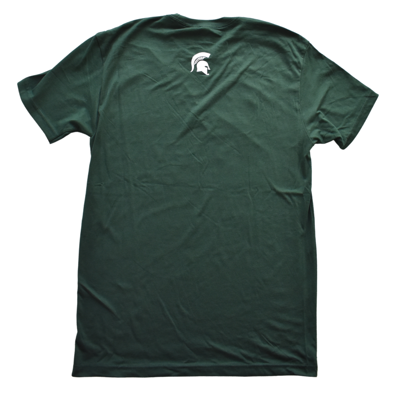 Back of a dark green crewneck t-shirt, with a small wite Spartan helmet center under the neck line,