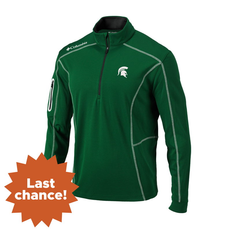 Green quarter-zip with white contrast stitching and white helmet on left chest. In the lower left is an orange sunburst that reads "Last chance!"