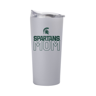 A slate gray tumbler with a clear lid. A small green Spartan helmet is centered over green athletic text reading “Spartans” slightly overlapped with green outlined block letters reading "mom.”