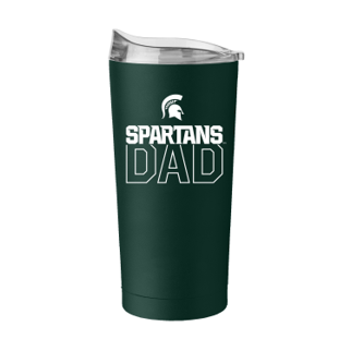 A forest green tumbler with a clear lid. A small white Spartan helmet is centered over white athletic text reading “Spartans” slightly overlapped with white outlined block letters reading "dad.”