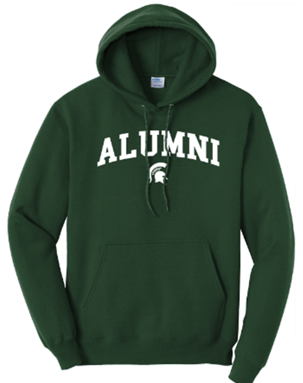 A dark green hooded sweatshirt with the word "Alumni" displayed in the center in white in all caps. Underneath "Alumni" is a small, white MSU Spartan helmet logo.