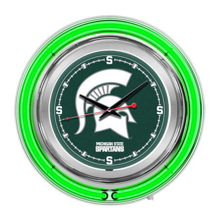 A chrome wall clock with a neon ring glowing around the clock face. The green clock face has a white MSU spartan helmet logo in the center with the words Michigan State Spartans underneath. The 12, 3, 6, and, 9 indicators on the clock are block Michigan State S's. 