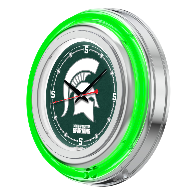 A chrome wall clock with a neon ring glowing around the clock face. The green clock face has a white MSU spartan helmet logo in the center with the words Michigan State Spartans underneath. The 12, 3, 6, and, 9 indicators on the clock are block Michigan State S's.