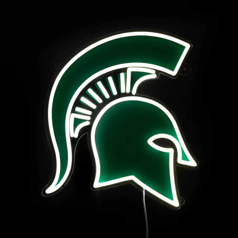 A neon wall sign that shows a green Michigan State Spartan helmet logo. Outlining the green logo are white neon lights. 