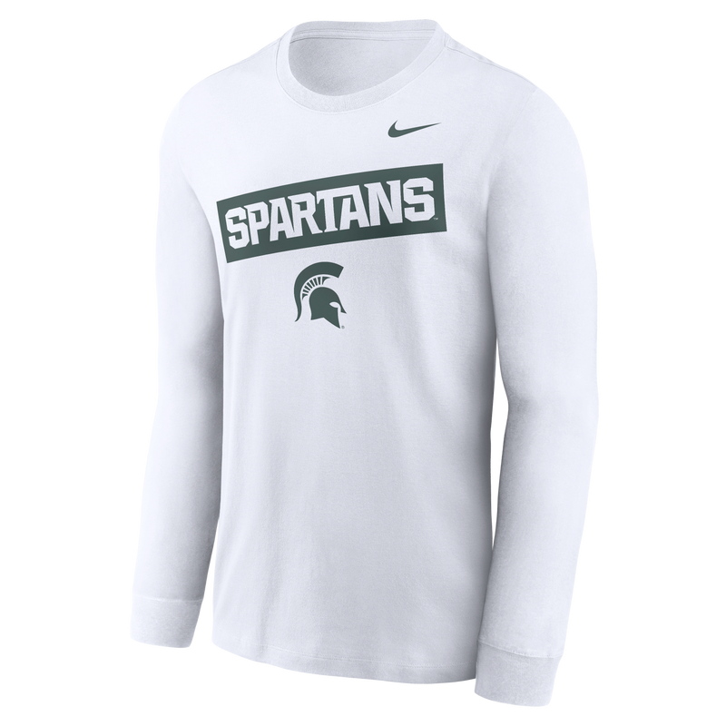 A white long sleeve tee shirt with a dark green block graphic in the middle. Inside the block graphic, written in white, is the word "Spartans". Underneath the block graphic is a green Michigan State spartan helmet logo. 