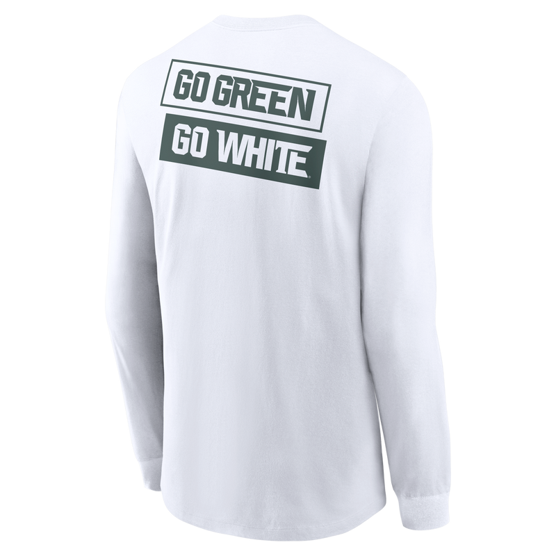 The back of a white long sleeve tee shirt with the text "Go Green" in green, and then "Go White" in white. 