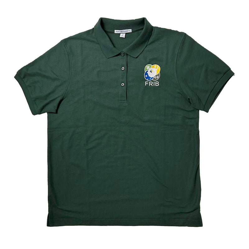Forest green three-button short-sleeved polo shirt with the full-color FRIB logo embroidered on the upper left chest.
