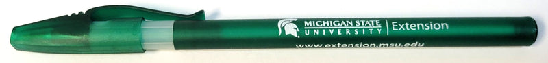 A green pen with the MSU Extension signature on the side of the pen in white.