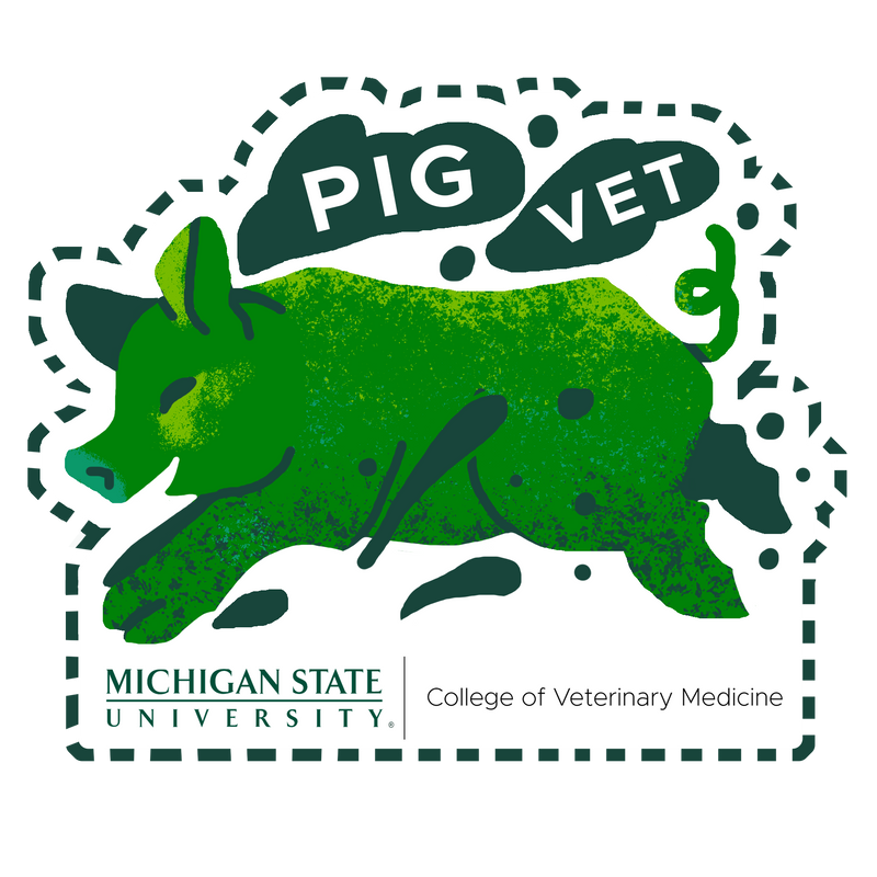 A sticker of a green pig. Above the pig are the words "Pig Vet". Underneath the pig is the Michigan State University College of Veterinary Medicine signature logo. 