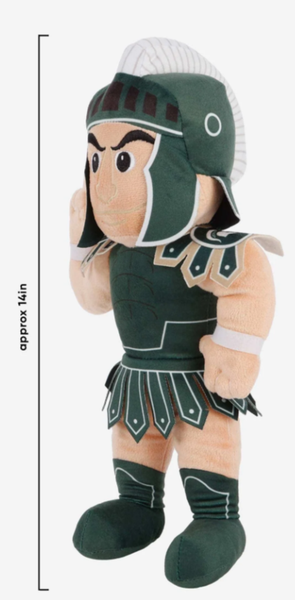 Photo of plush Sparty standing upright. Shows measuring approximately 14".