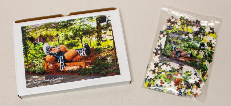 Box with image of the puzzle: Sparty laying on bench in garden with 'Radiology Healing Gardens' printed lower left corner. Right side is the plastic bag with the puzzle pieces. 