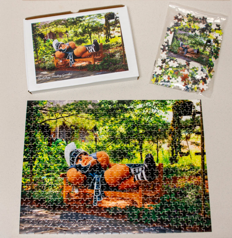 Box with image of the puzzle: Sparty laying on bench in garden with 'Radiology Healing Gardens' printed lower left corner. Right side is the plastic bag with the puzzle pieces.  Bottom is assembled puzzle. 