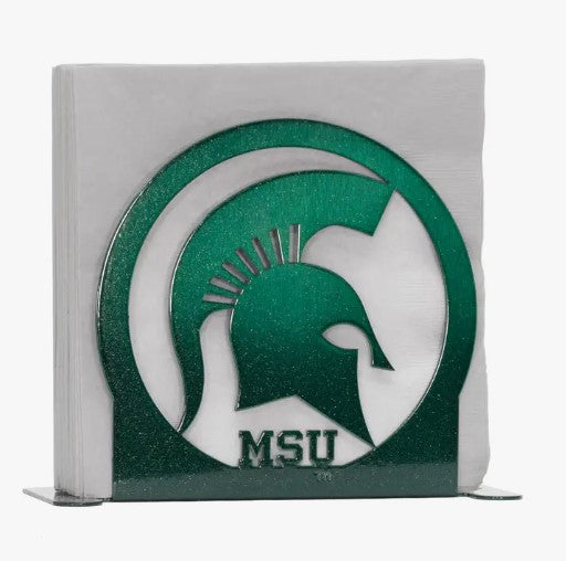 Steel napkin/letter holder, powder coated green with centered Spartan helmet with MSU block letters below in the middle of a circular ornamental holder. 