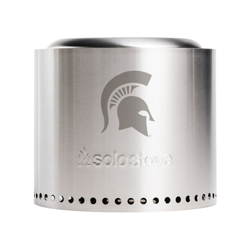 A stainless steel, portable flameless fire pit with the MSU spartan helmet logo on the side. 
