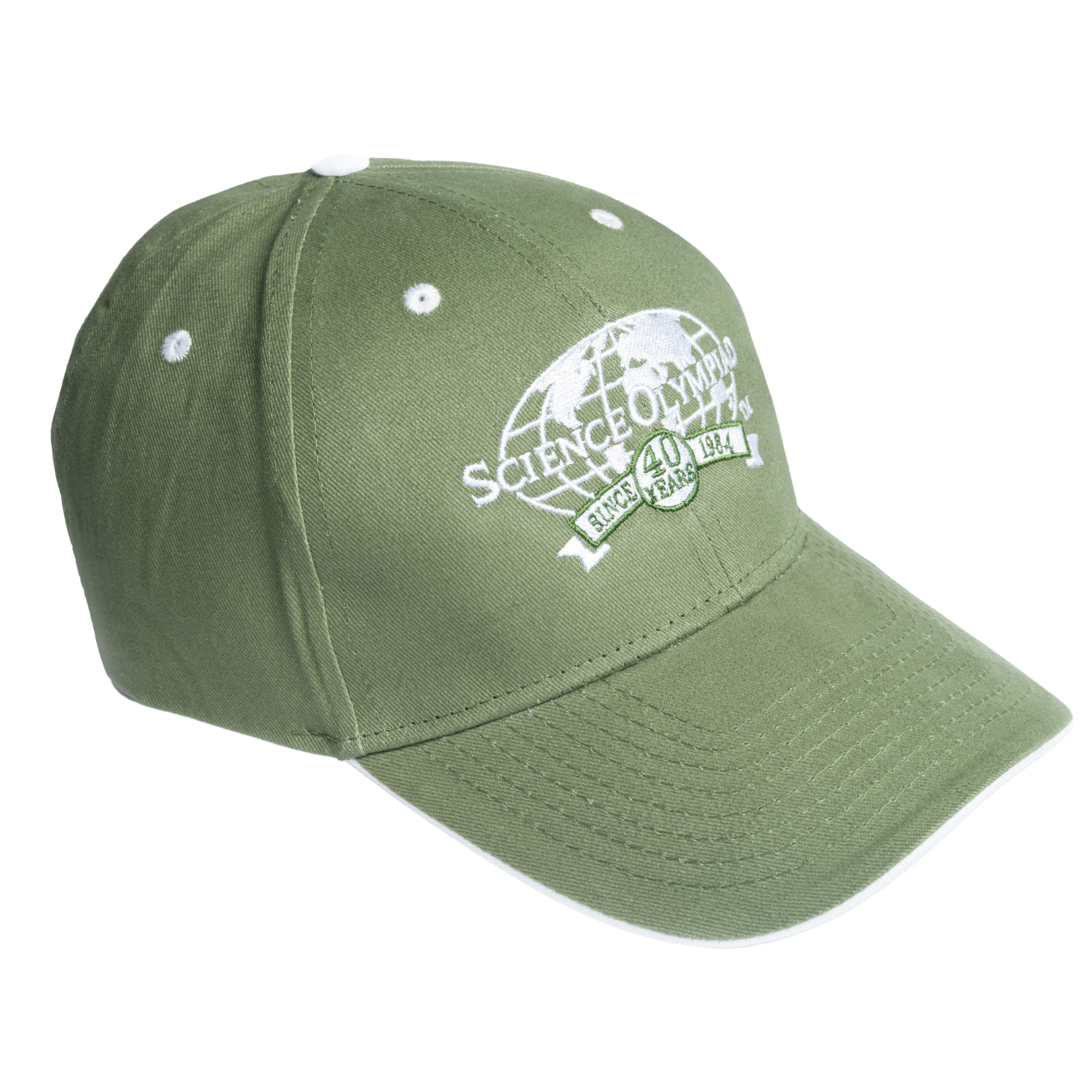 Adjustable green cap with embroidered Science Olympiad 40th anniversary white logo