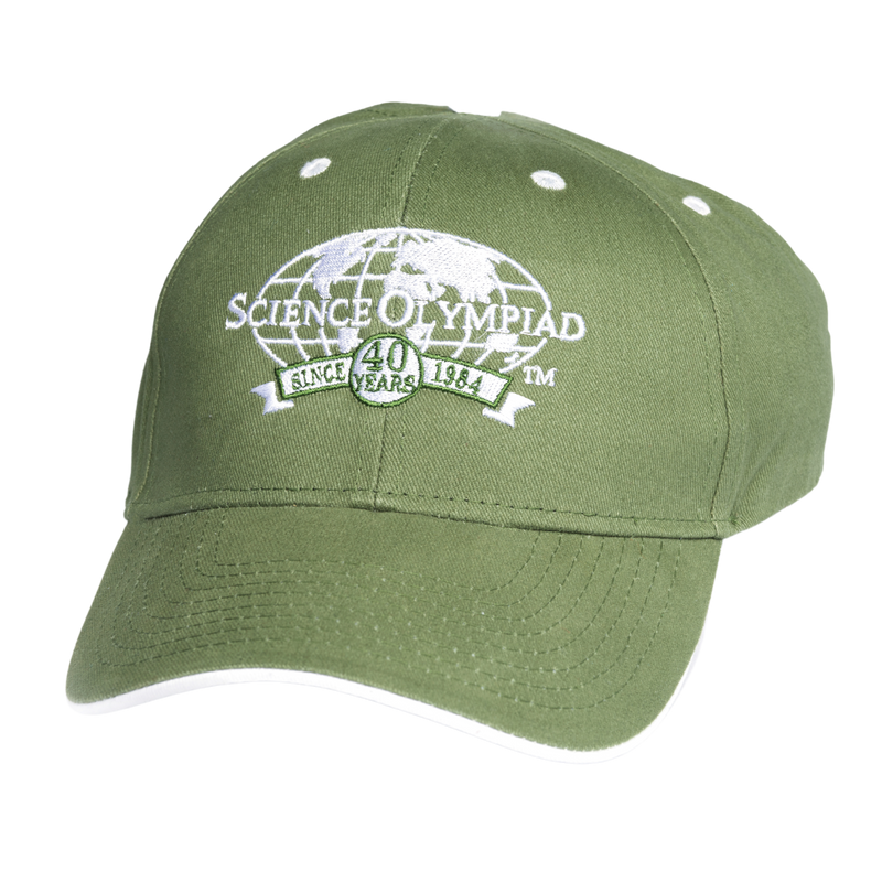 Adjustable green cap with embroidered Science Olympiad 40th anniversary white logo