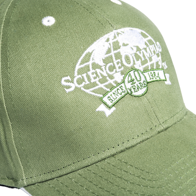 Adjustable green cap with embroidered Science Olympiad 40th anniversary white logo