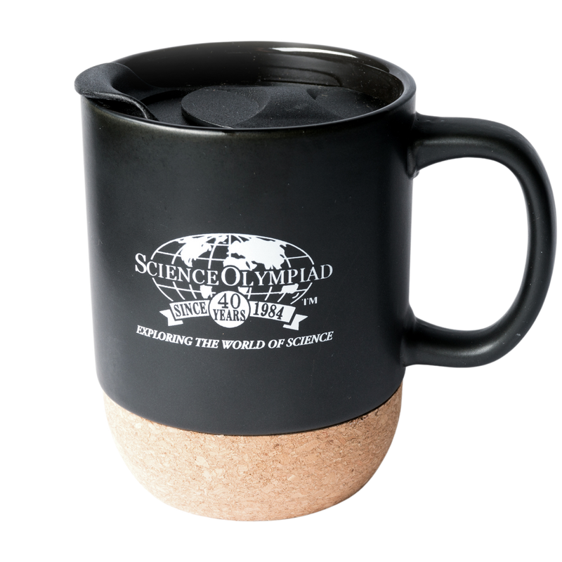 Black cork bottom ceramic mug with a white Science Olympiad 40 year anniversary logo on the side