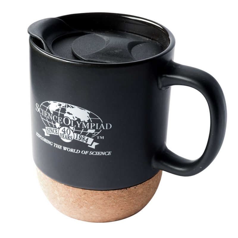 Black cork bottom ceramic mug with a white Science Olympiad 40 year anniversary logo on the side