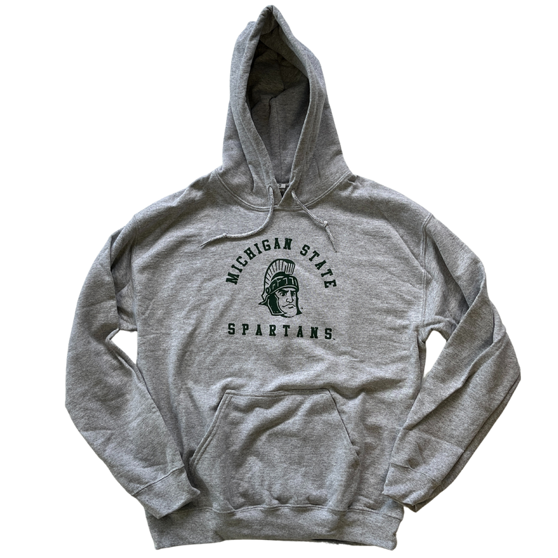 Light gray hooded sweatshirt with drawstrings and a large pocket at the bottom of the torso. On the center chest, a vintage rendition of Sparty's head is printed between arched text reading Michigan State and a straight line of text reading Spartans. Screen printing is forest green.