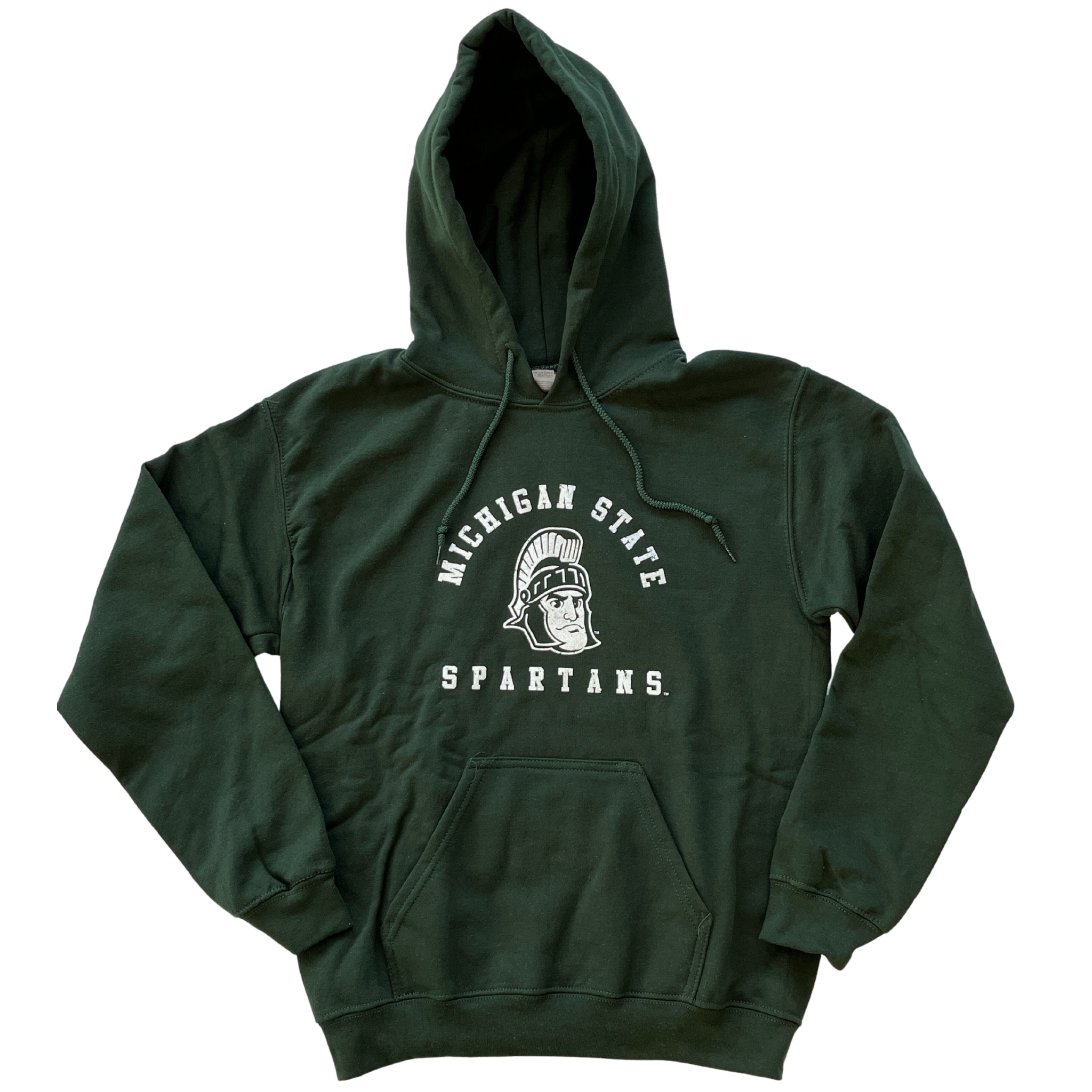 Forest green hooded sweatshirt with drawstrings and a large pocket at the bottom of the torso. On the center chest, a rendition of Sparty's head is printed between arched text reading Michigan State and a straight line of text reading Spartans. Screen printing is white.