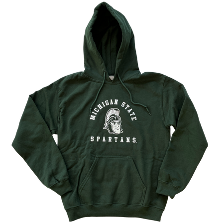 Forest green hooded sweatshirt with drawstrings and a large pocket at the bottom of the torso. On the center chest, a rendition of Sparty's head is printed between arched text reading Michigan State and a straight line of text reading Spartans. Screen printing is white.